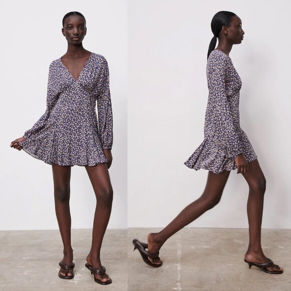 NEW Zara Floral V Neck Printed Purple Mini Dress S - Picture 3 of 11